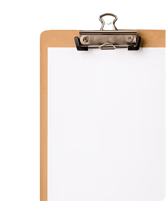 Blank white sheet of paper clipped to a brown clipboard with metal clip on a white background.