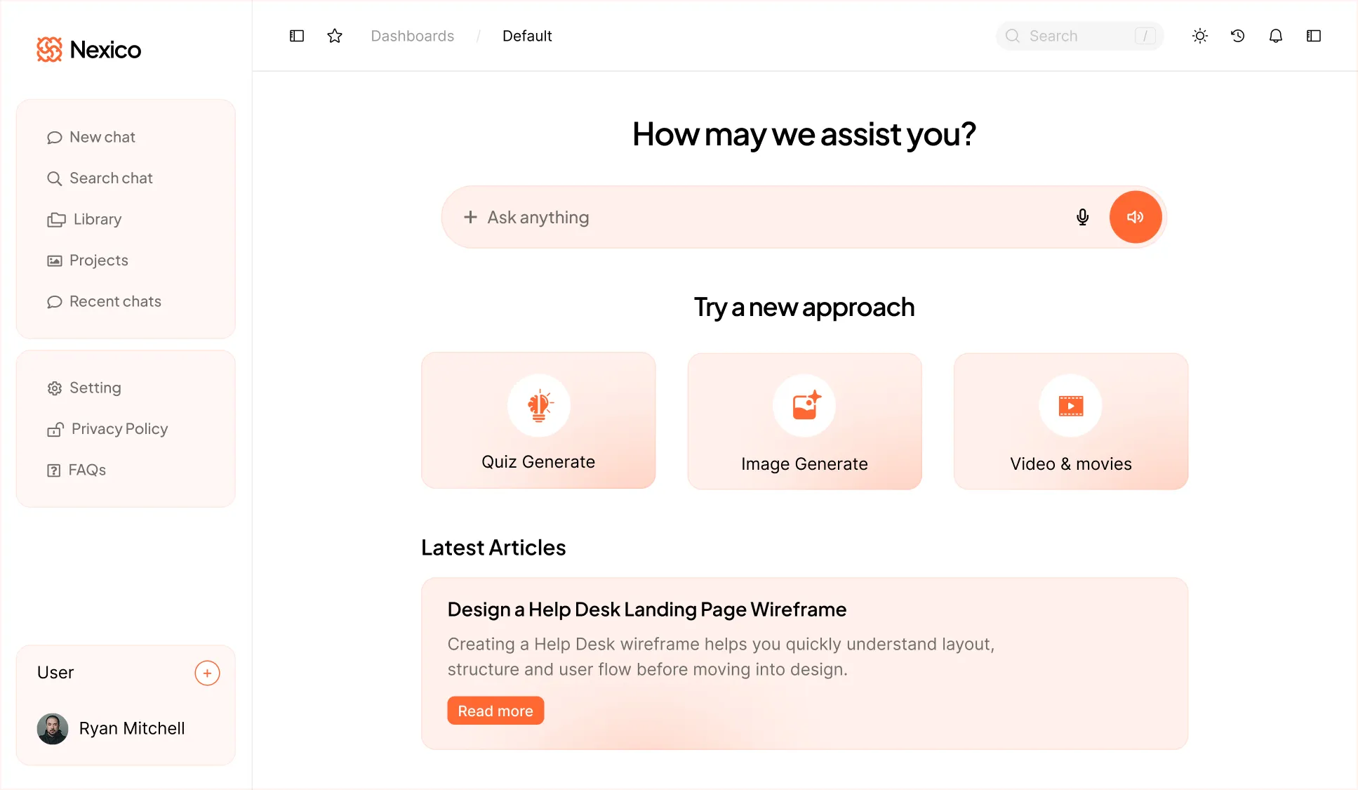Dashboard interface with search bar, quiz, image, video generate options, latest articles, and user profile.