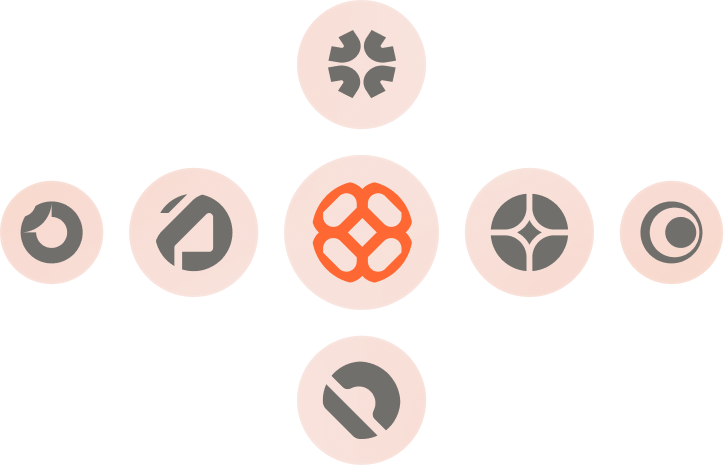 Seven stylized circular icons with abstract designs arranged in a cross pattern with one orange and six gray.