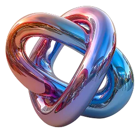 Shiny metallic knot sculpture with intertwined loops in reflective purple, pink, and blue hues.