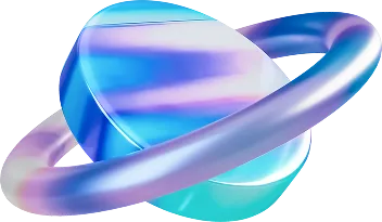 Blue and purple shiny abstract shape with a twisted ring encircling it.