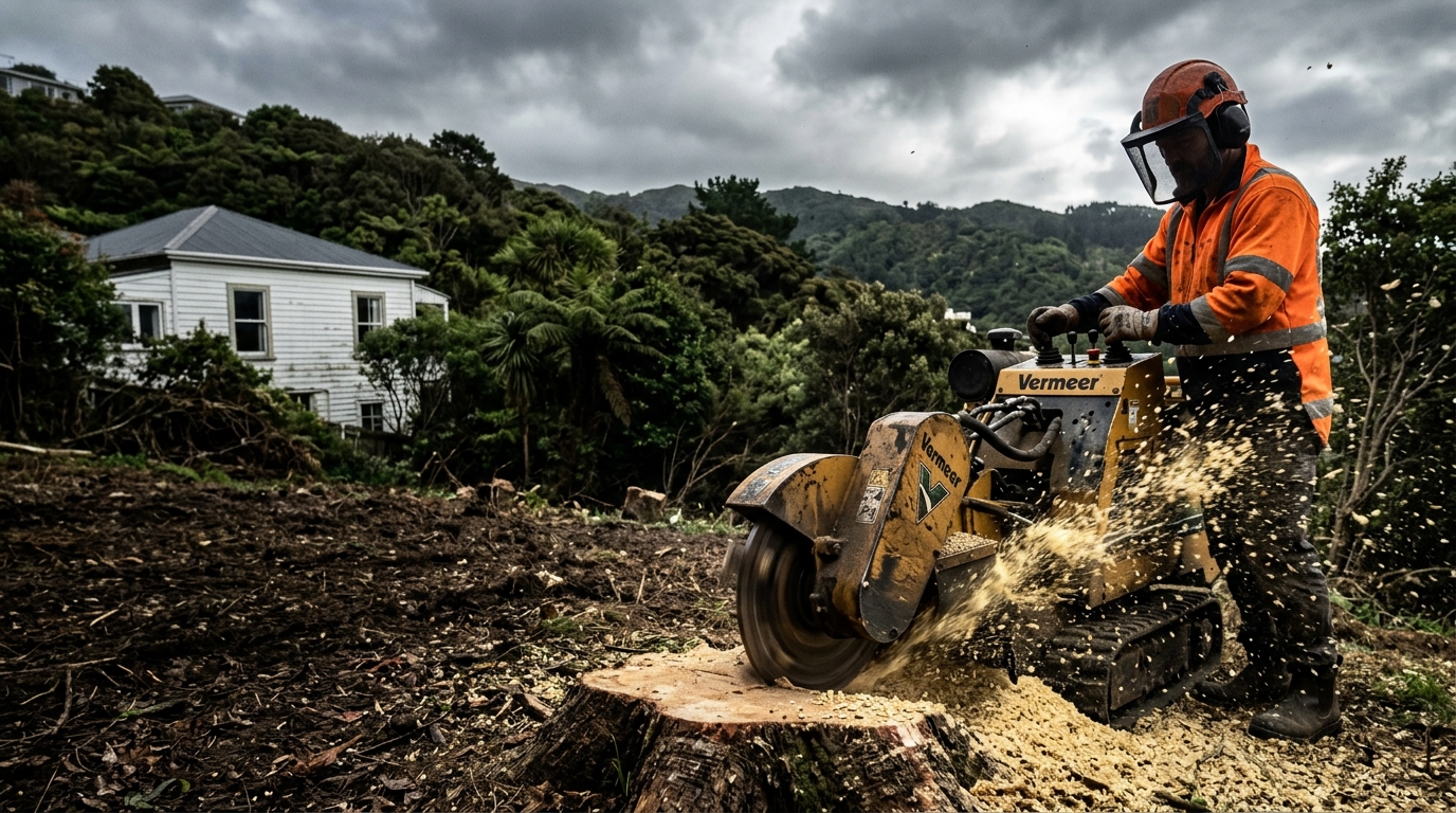 A stump grinder grinding out a large tree stump with wood chips flying, hi-vis operator, Wellington hills behind