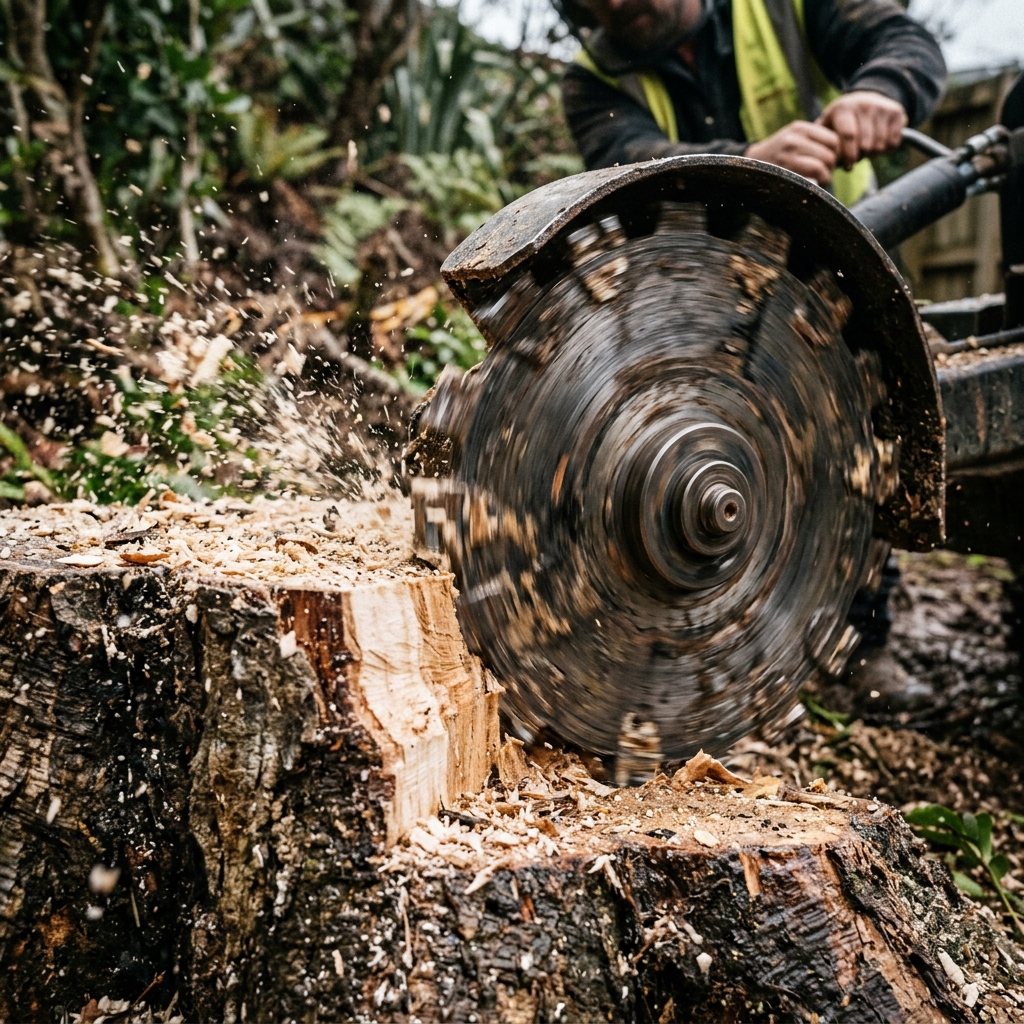 A stump grinder's spinning cutting wheel chewing into a tree stump