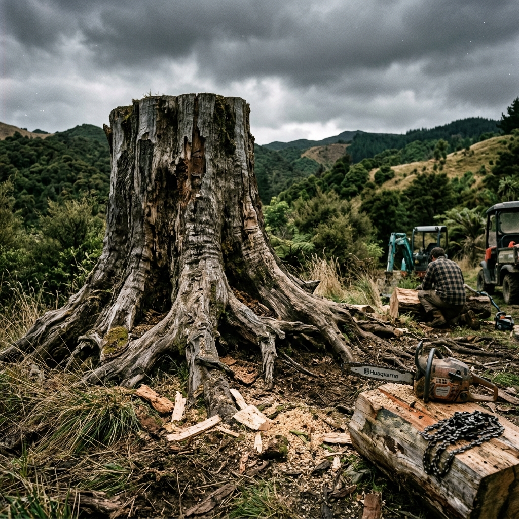 A very large gnarly old tree stump with spreading roots on a lifestyle block