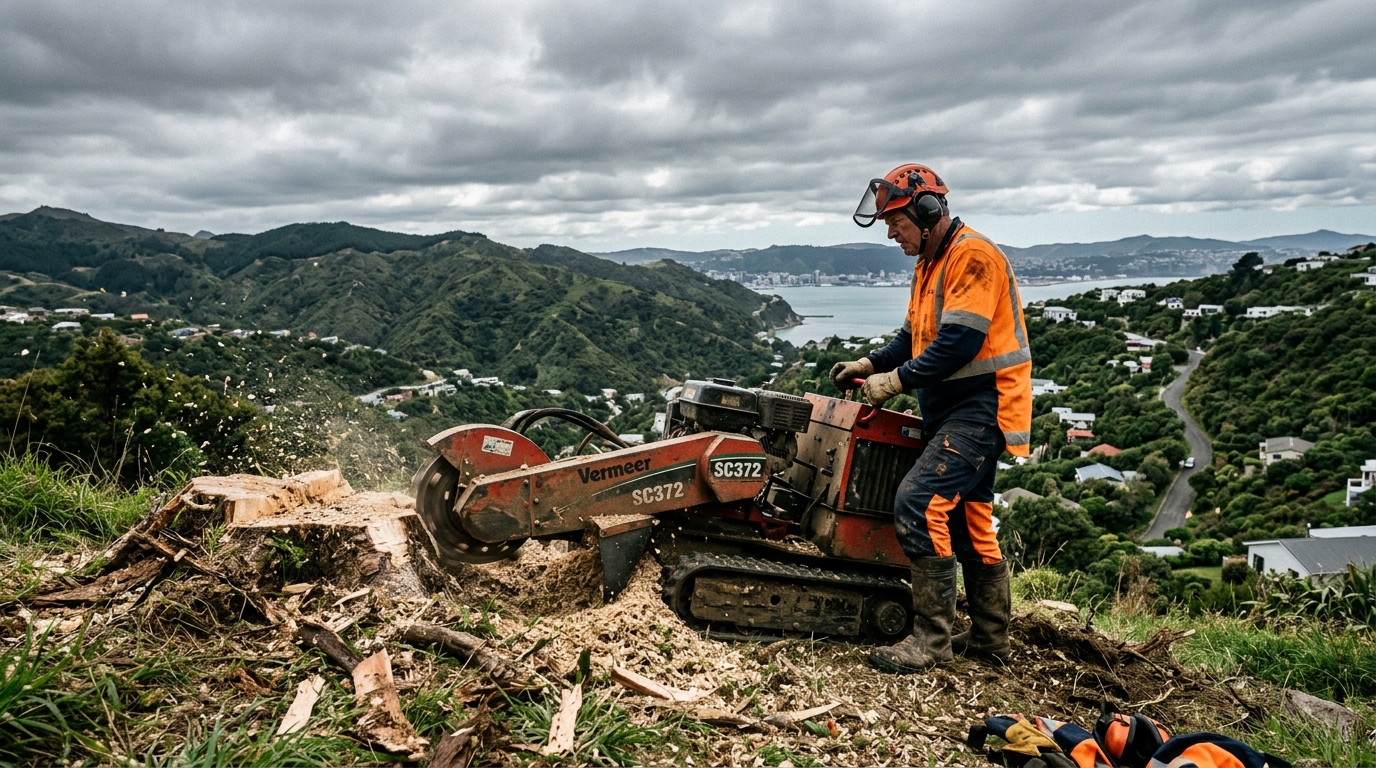 A stump grinder and operator working on a steep Wellington section