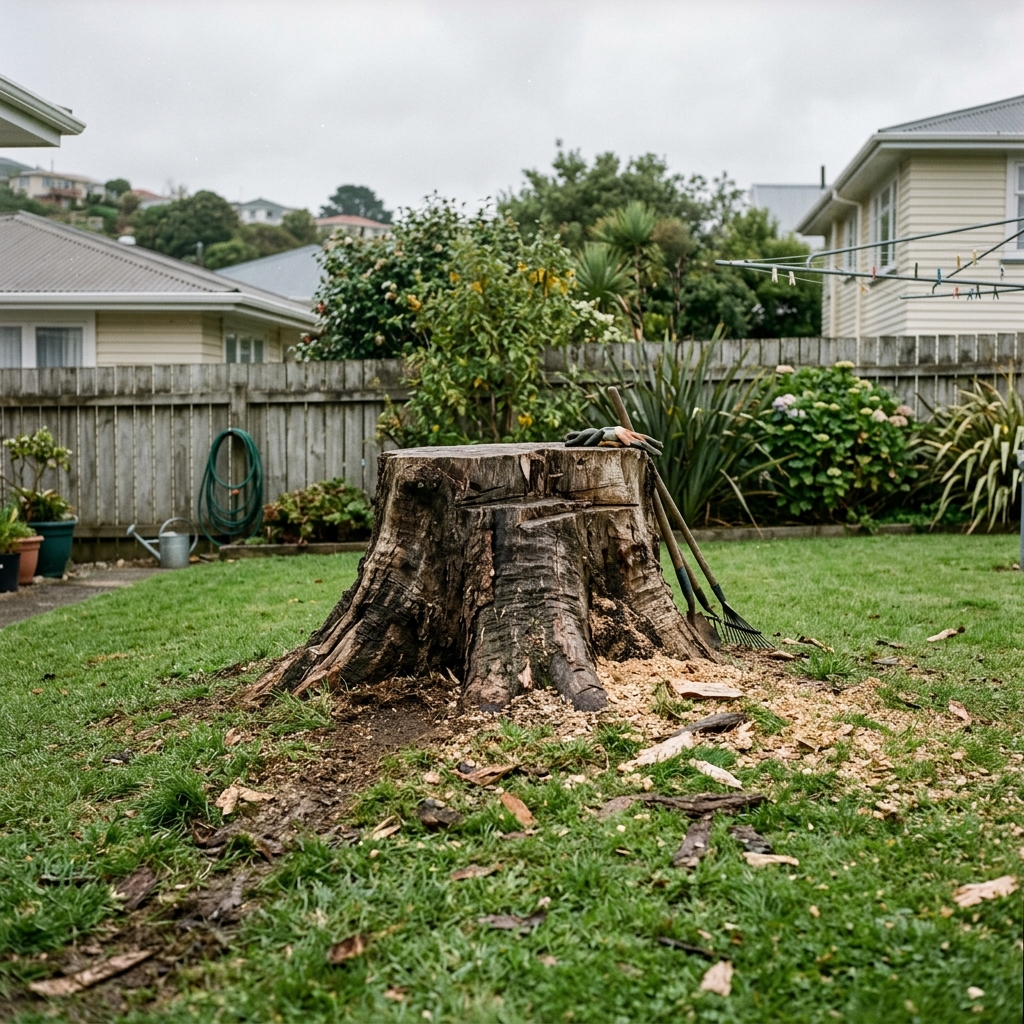 A large old tree stump in a tidy suburban Wellington backyard