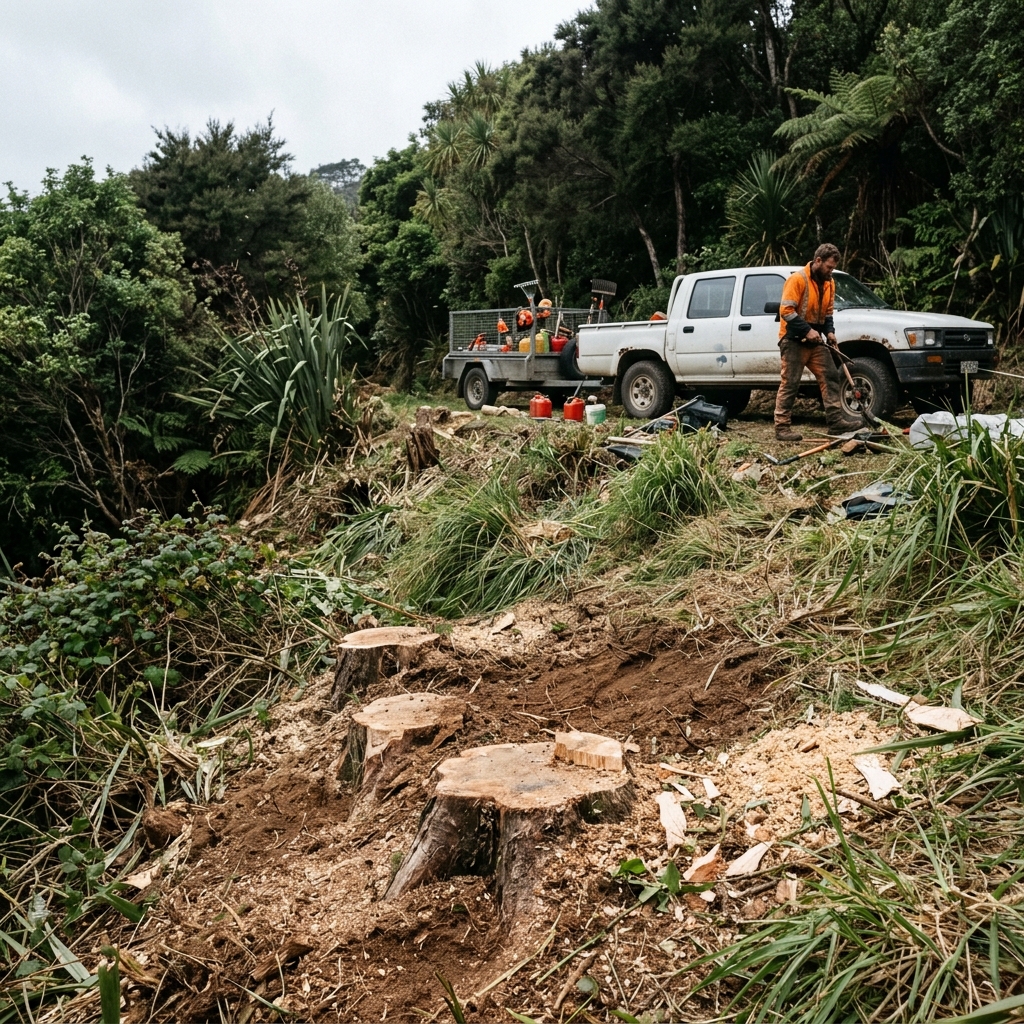 An overgrown Wellington section cleared of old stumps down to bare earth