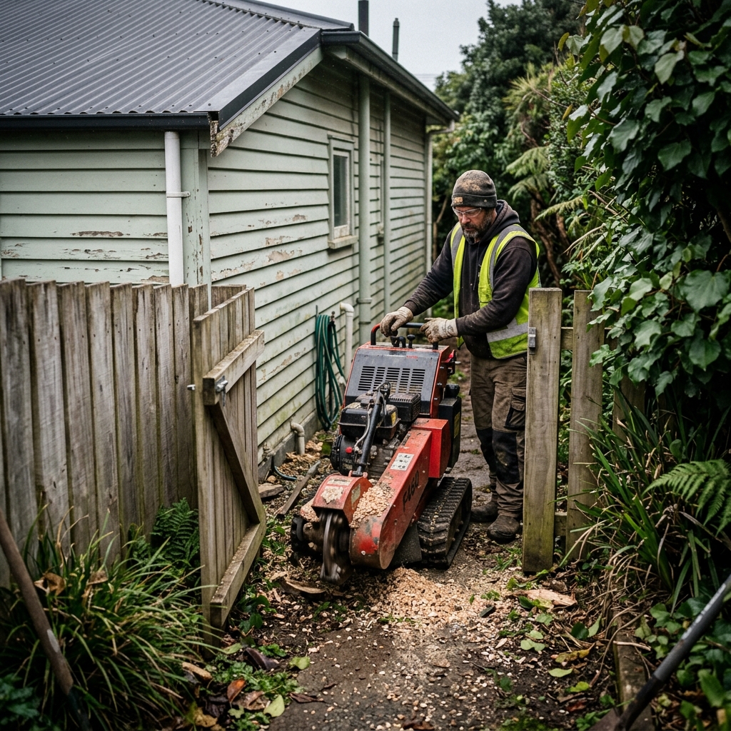 A compact stump grinder fitting through a tight side gate beside a house