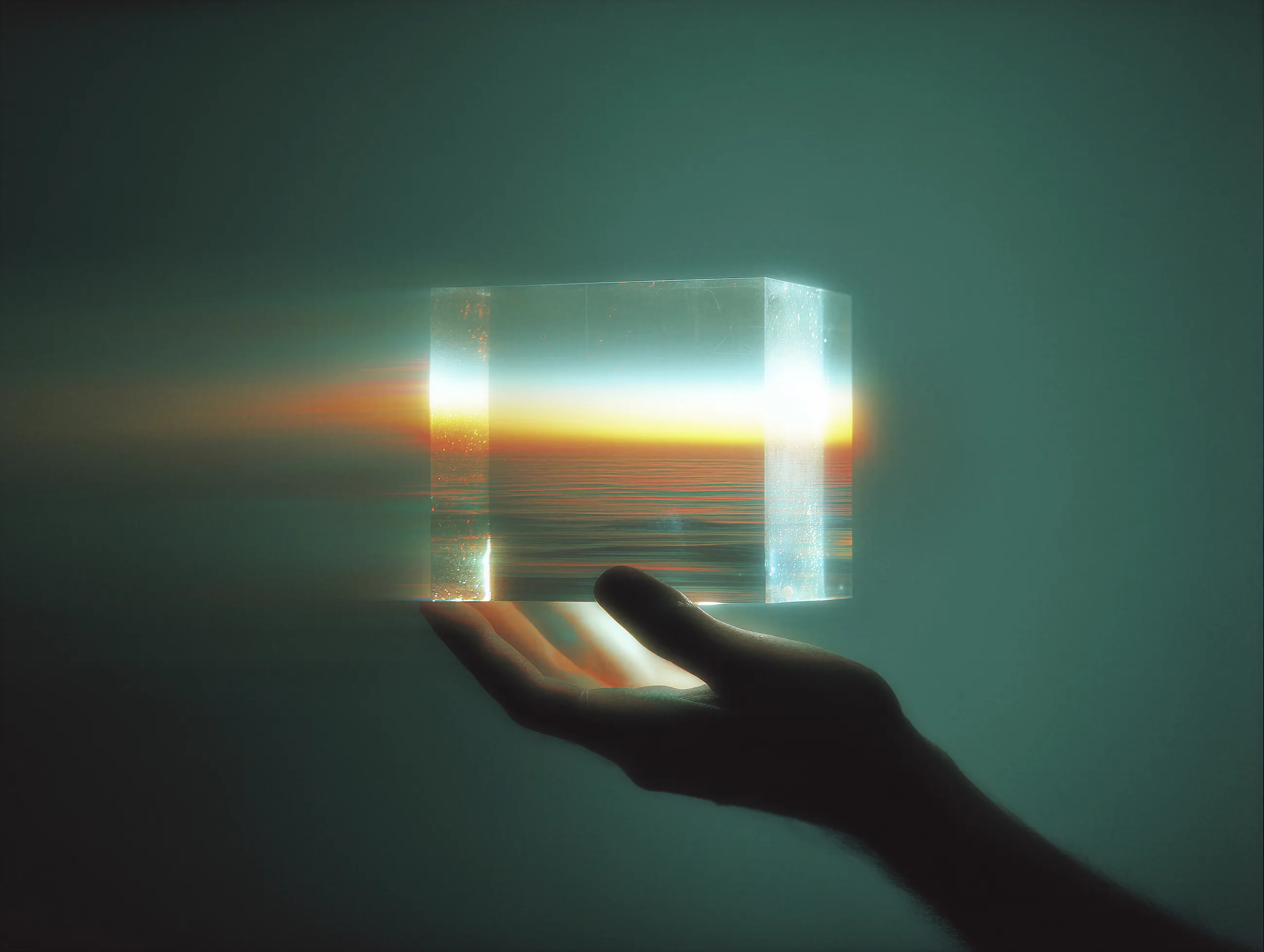 Modern AI Generated Image of a hand silhouette holding a glass cube reflecting colorful lights.