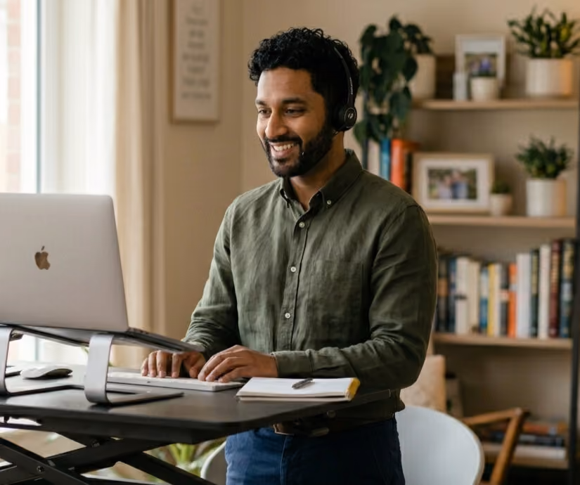 A virtual assistant man standing and working on his laptop