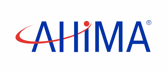 AHIMA company logo with red swoosh over blue letters