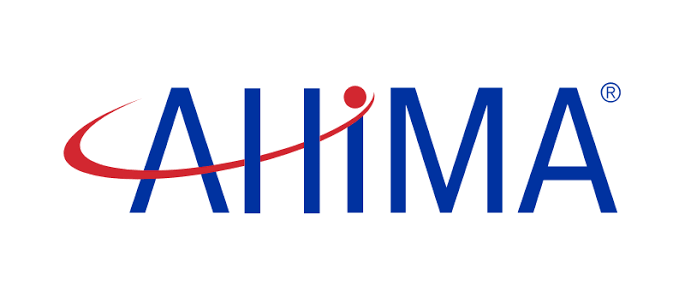 AHIMA company logo with red swoosh over blue letters