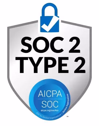 Shield emblem with a lock and checkmark above text SOC 2 TYPE 2 and AICPA SOC badge.