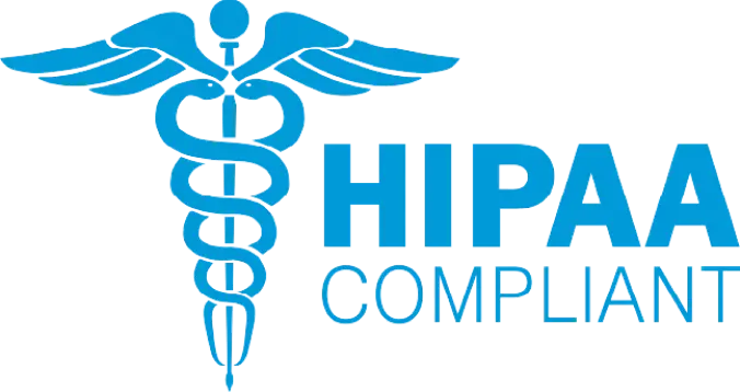 Blue caduceus symbol to the left of bold text reading HIPAA compliant in blue letters.