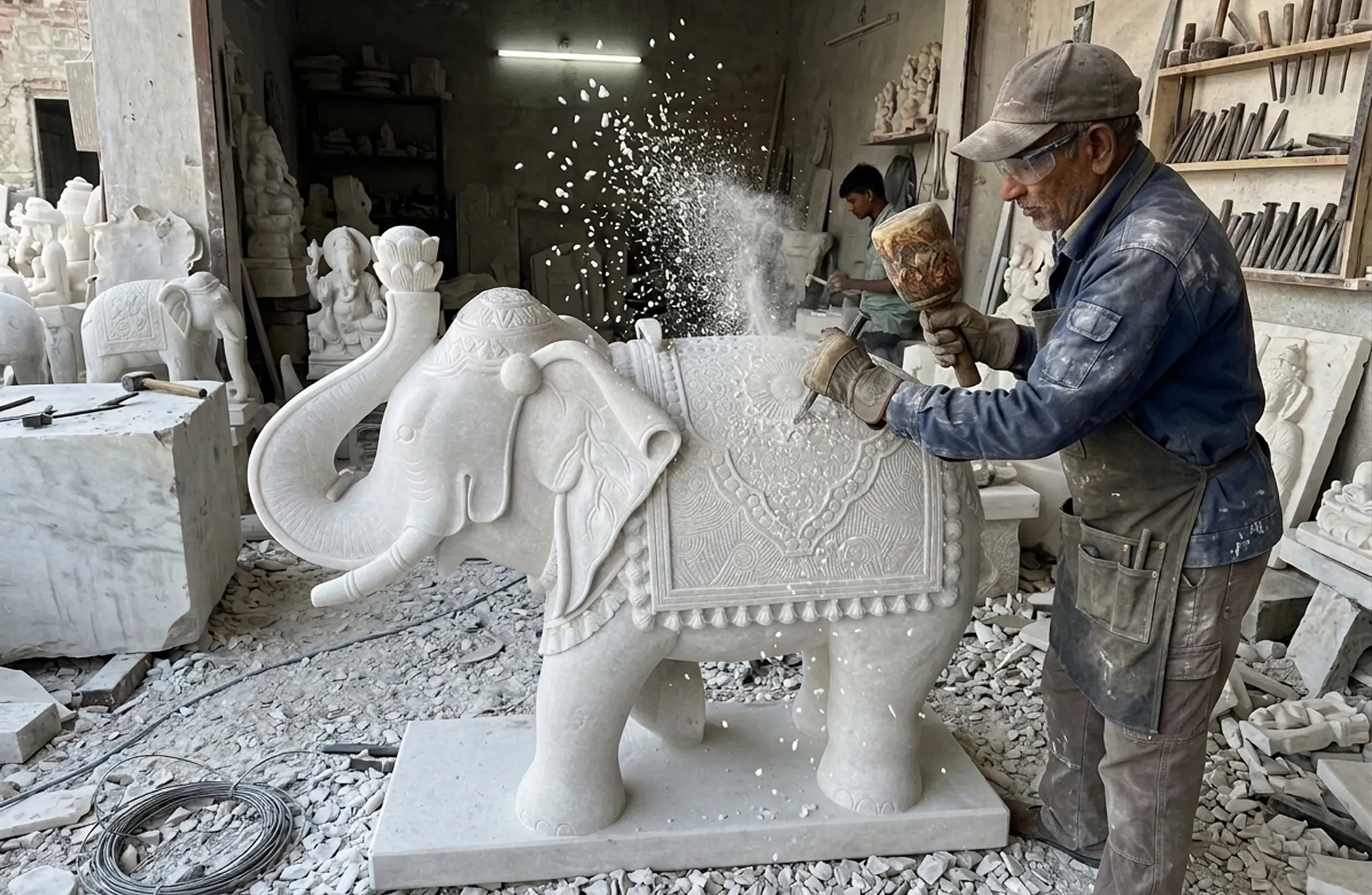 Rockscape artisan carving a marble sculpture