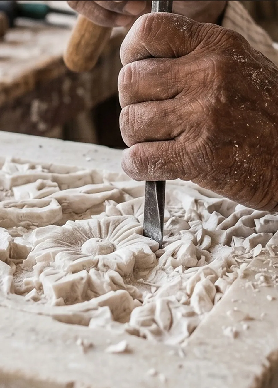 Close-up of hand carving intricate stonework