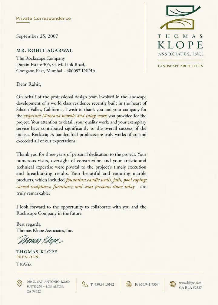 Letter from Thomas Klope, President of Thomas Klope Associates landscape architects, 25 September 2007, thanking The Rockscape for Makrana marble and inlay work on a California residence