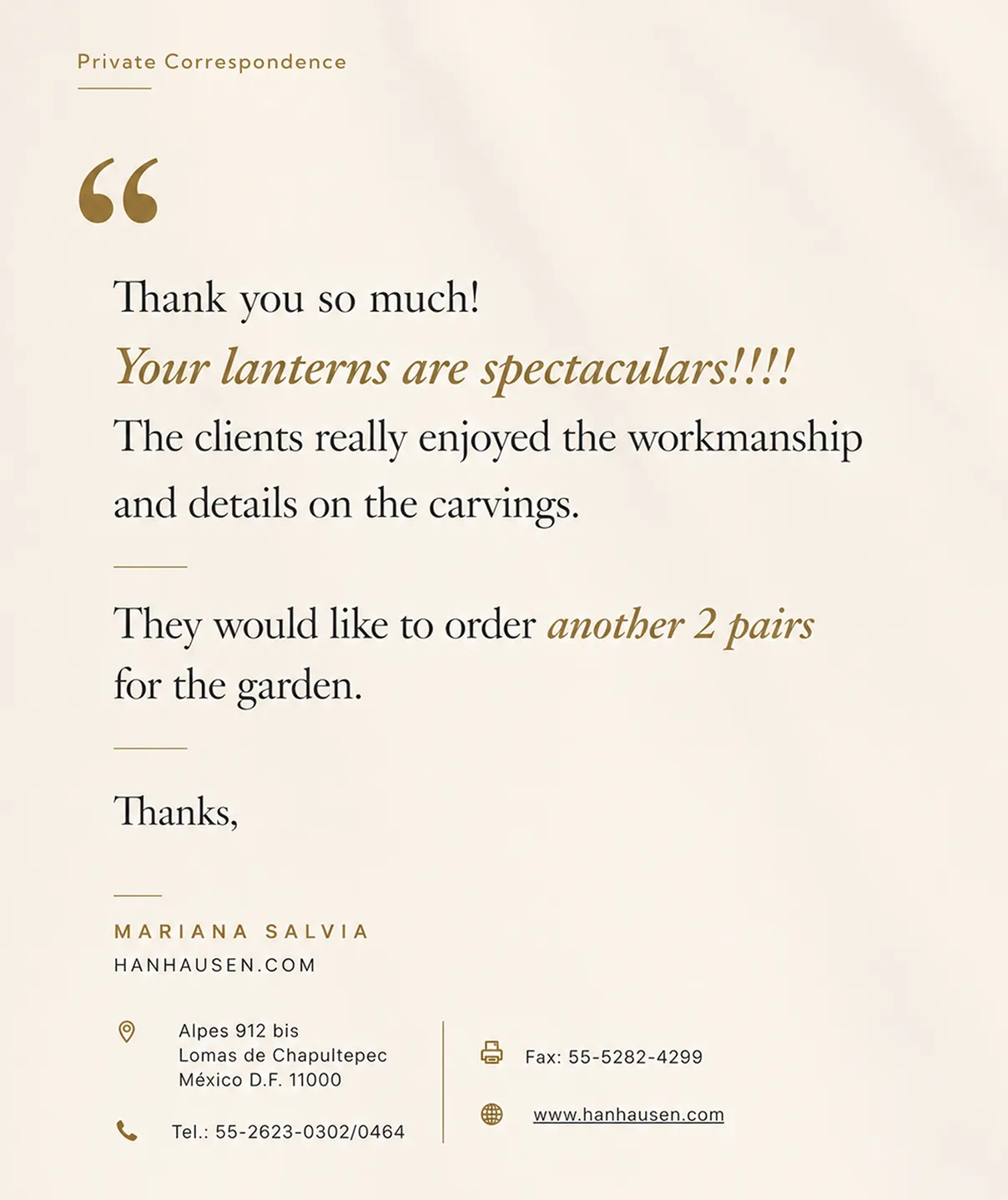 Testimonial from Mariana Salvia of Hanhausen, Mexico City, praising The Rockscape's carved lanterns and ordering two more pairs