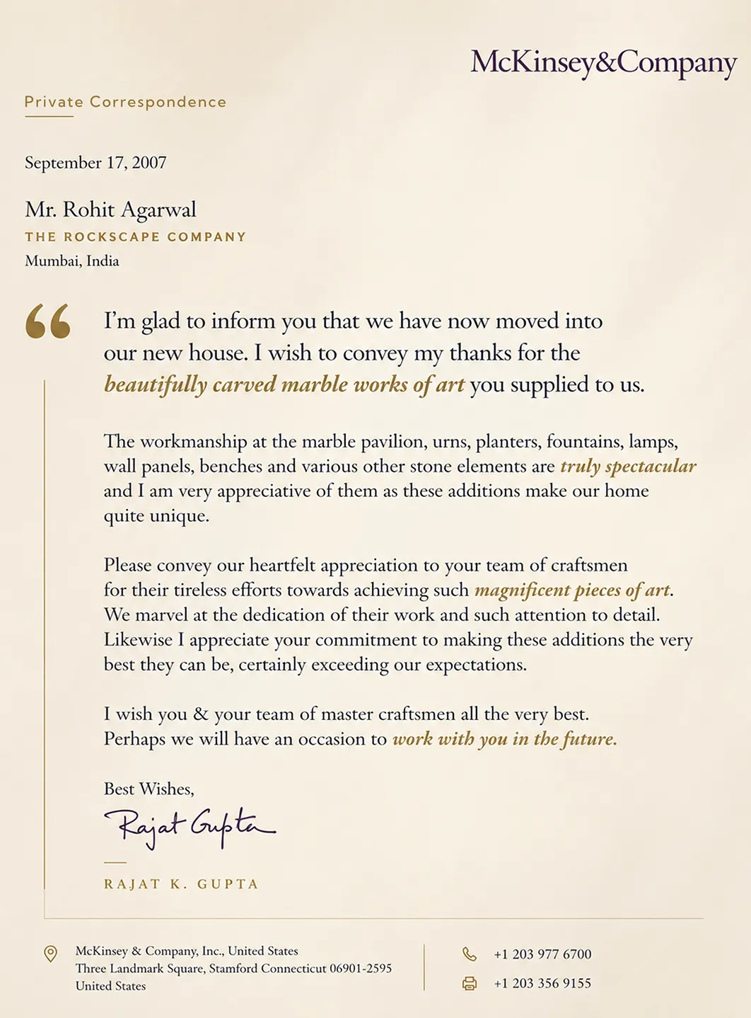 Letter from Rajat K. Gupta of McKinsey & Company to Rohit Agarwal, 17 September 2007, thanking The Rockscape for beautifully carved marble works of art for his new house