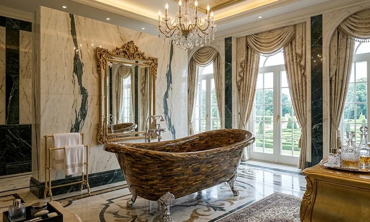 Luxury bathroom with a mosaic stone freestanding bathtub, marble walls and floor inlay, and a crystal chandelier