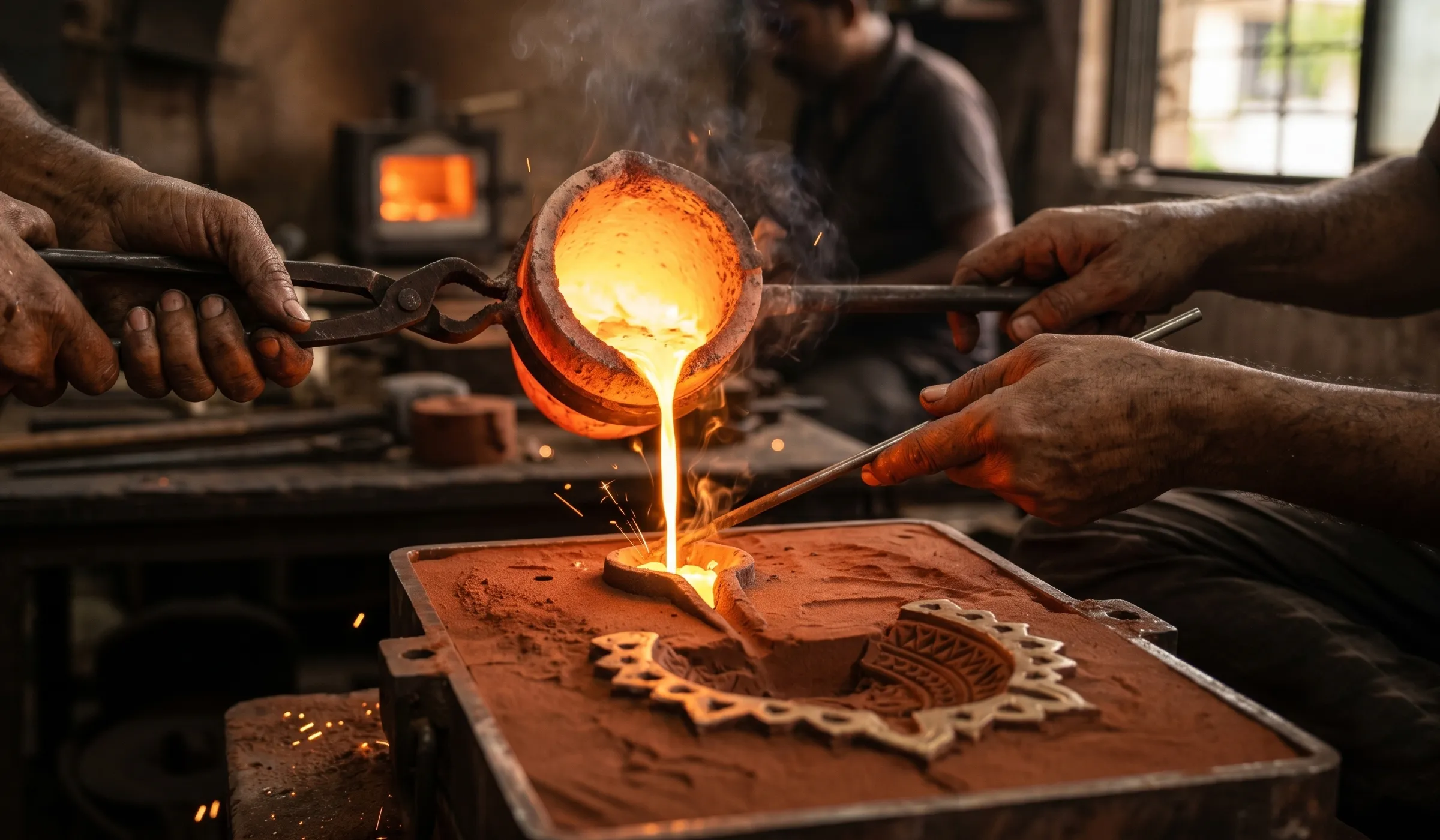 Molten bronze being poured from a crucible into a casting mould in a foundry