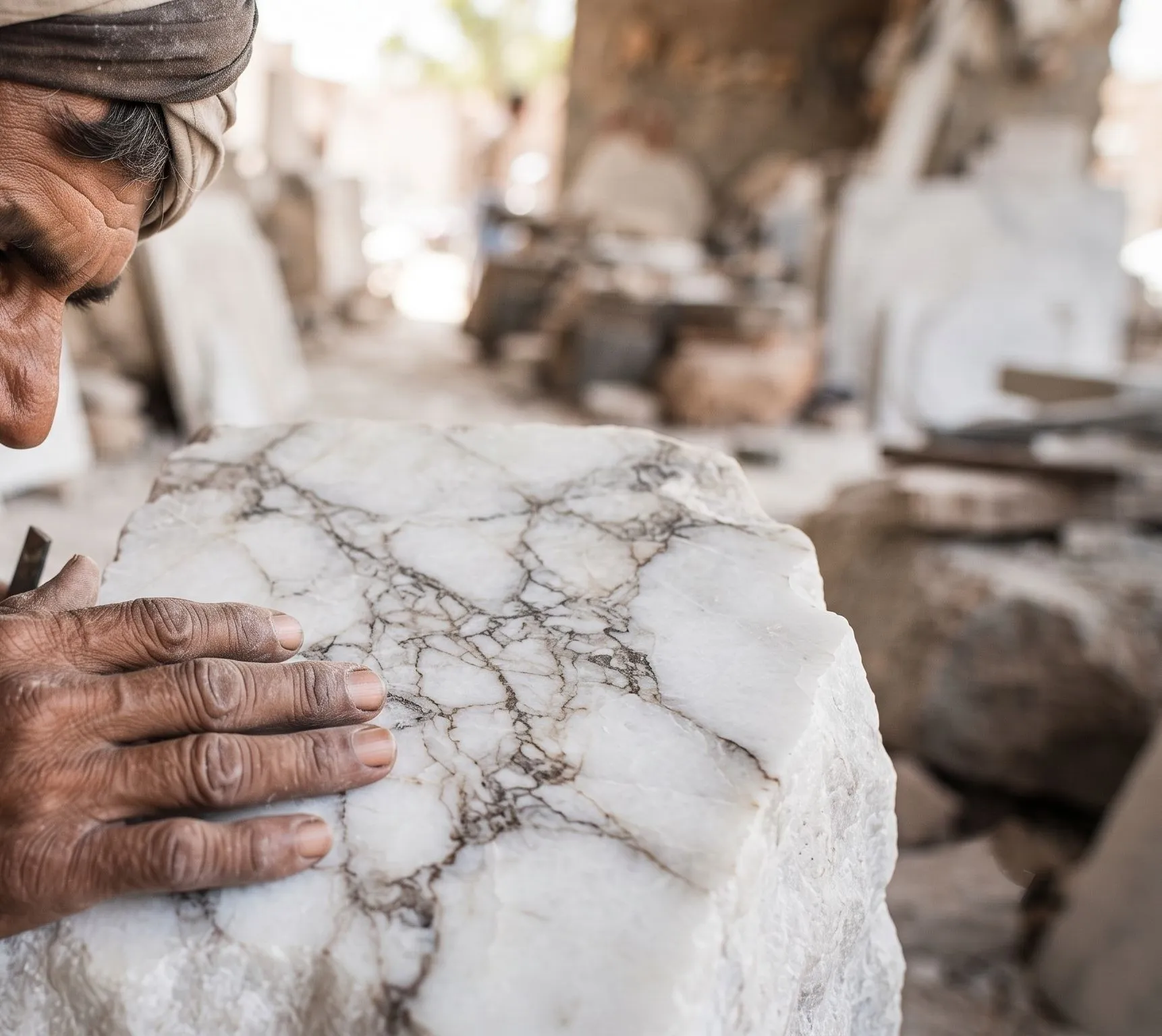 Artisan's weathered hands resting on a raw block of grey-veined white marble in a stone yard