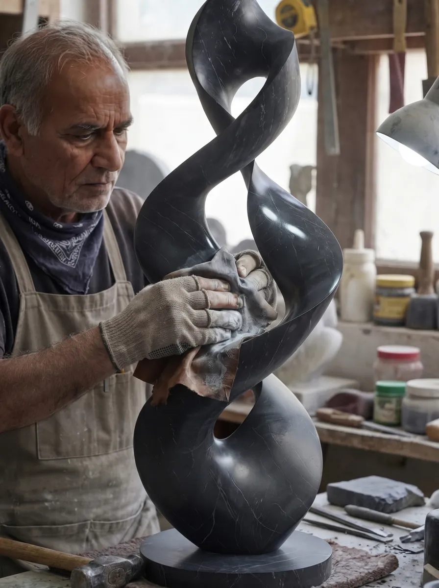Master craftsman meticulously hand-polishing a twisted dark marble art piece using traditional lapidary techniques at The Rockscape Company