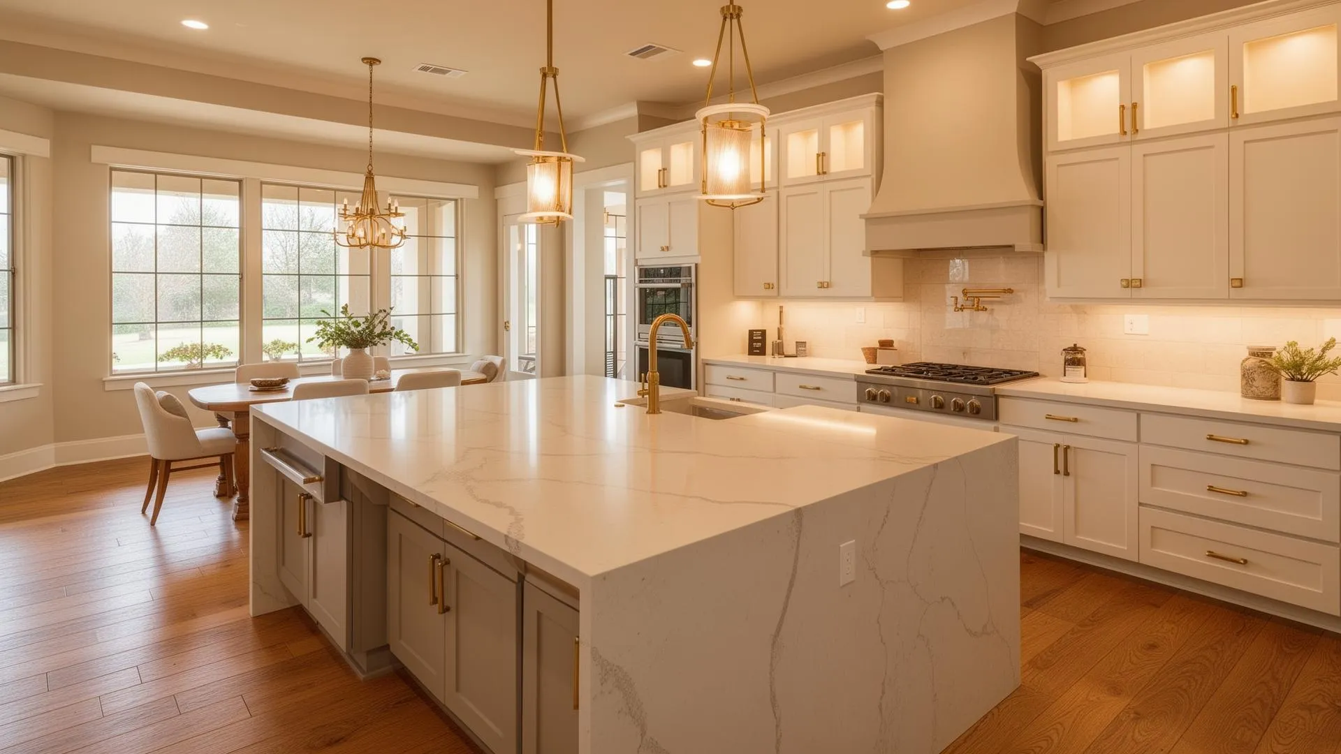 Bright modern kitchen with large marble island, gold fixtures, wood floor, and dining area by windows.