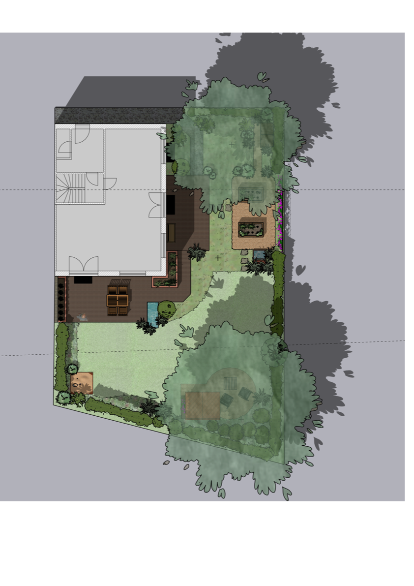 Gartenplan mit Hausgrundriss, Terrasse, Sitzbereichen, Wegen, Bäumen und bepflanzten Flächen