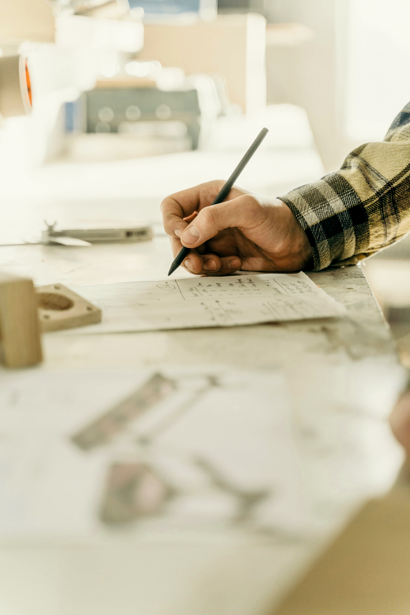 Hand in kariertem Hemd hält Stift und schreibt auf Papier auf einem Tisch
