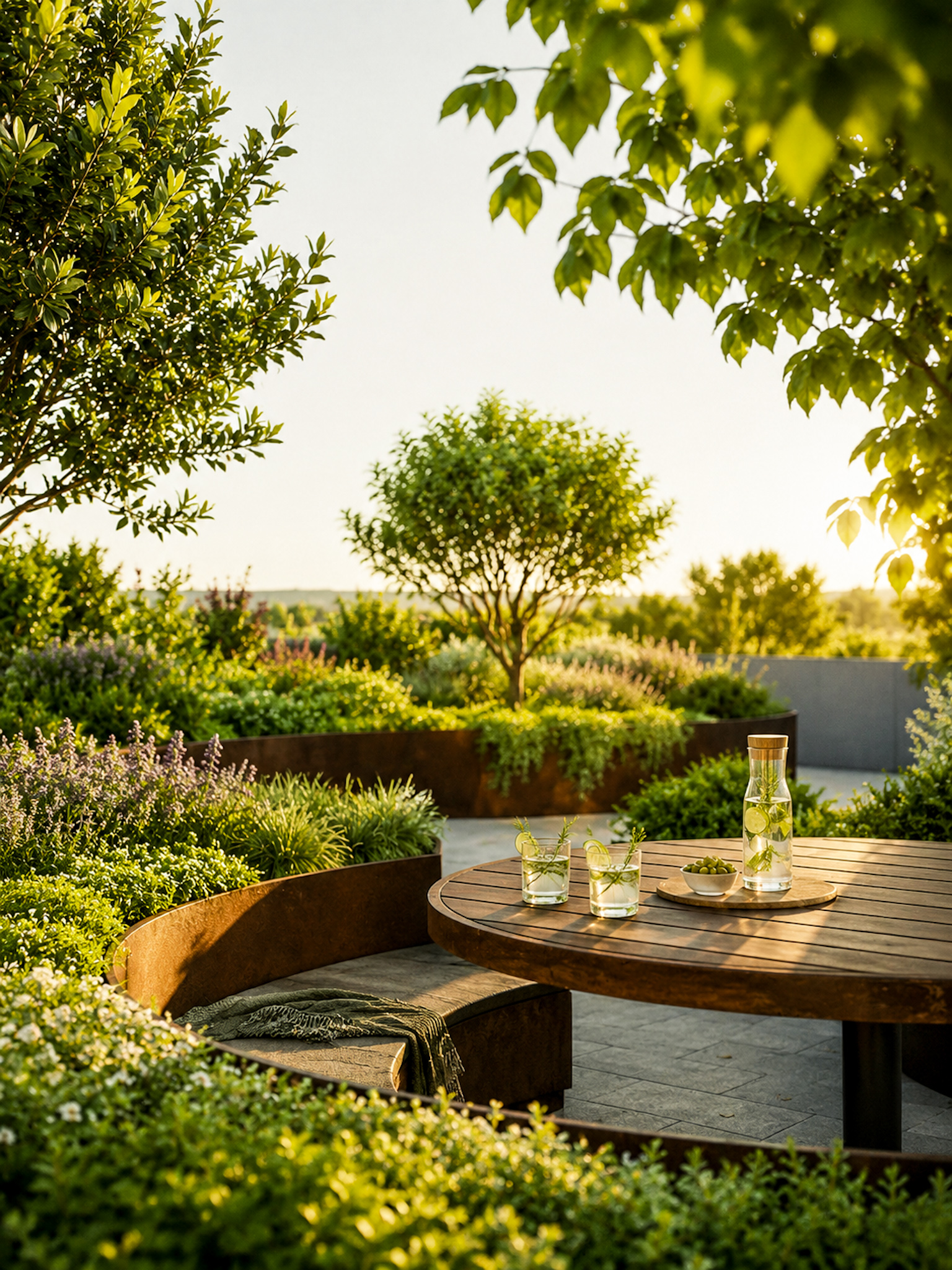 Runder Holztisch mit Glaskaraffe und Gläsern in einer begrünten Gartenecke mit Sitzbank und Büschen