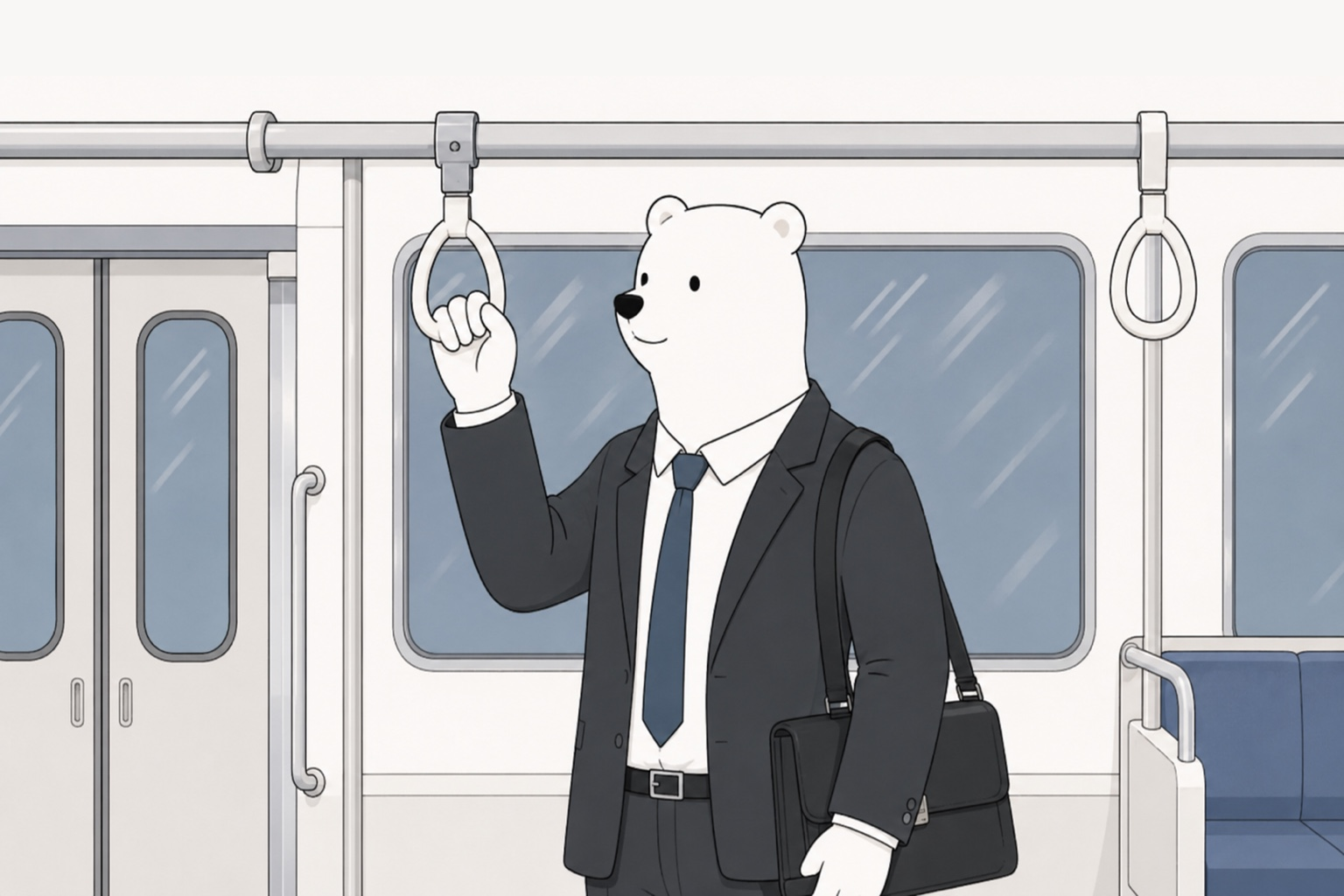 電車に乗る金葉マネジメントのマスコットキャラクターのイラスト