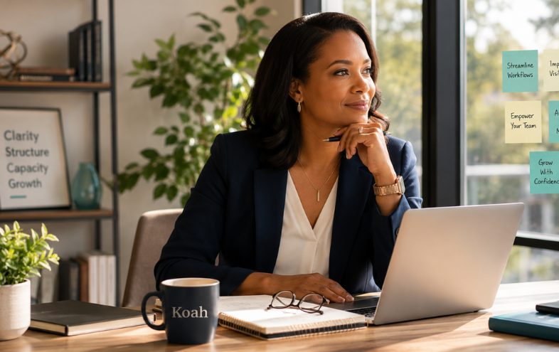 Business owner working at a desk with a laptop, representing workflow clarity, operational structure, and confident decision-making.