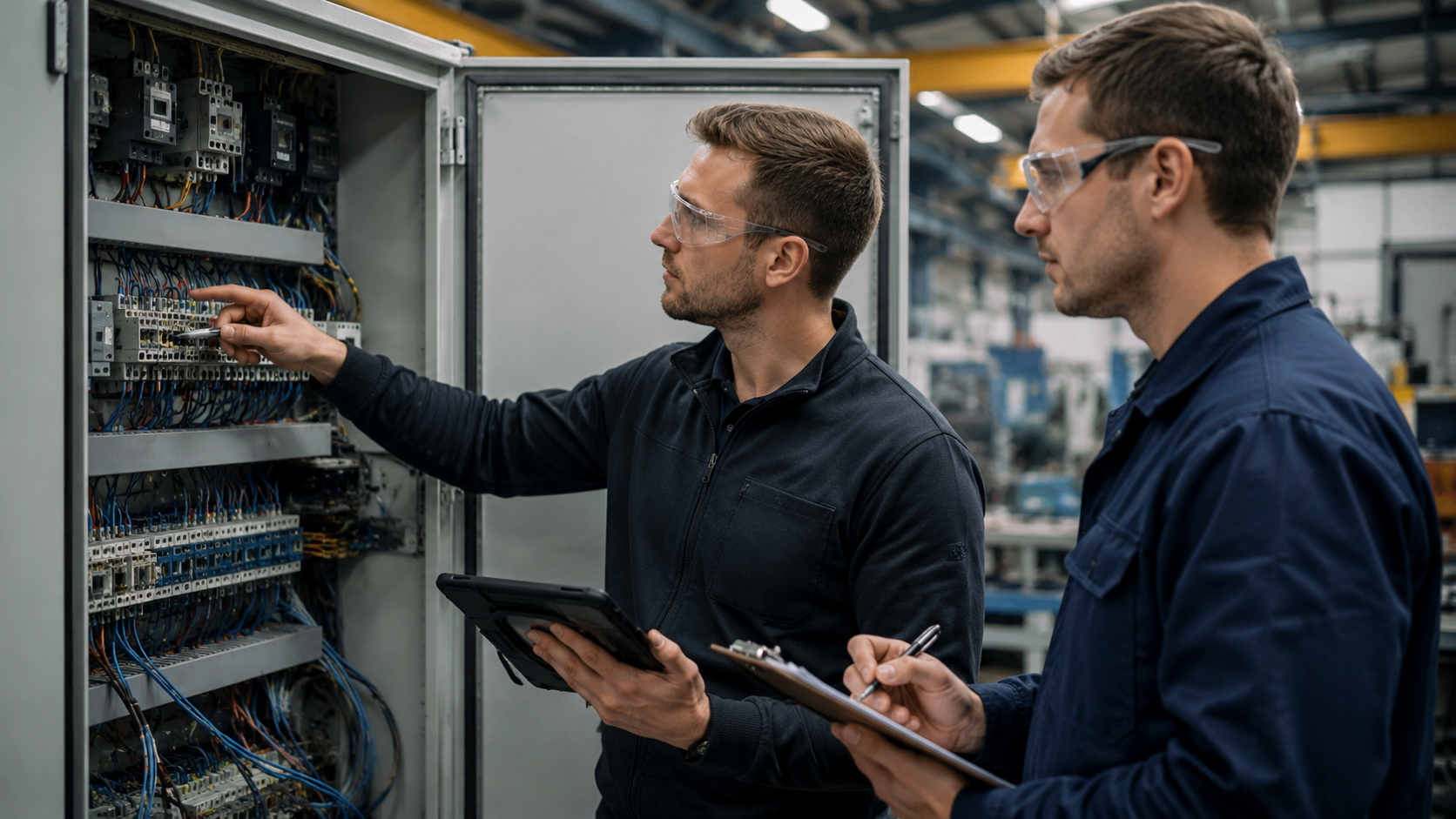 Zwei Ingenieure erfassen den Zustand einer bestehenden Maschinensteuerung vor der Legacy-Modernisierung