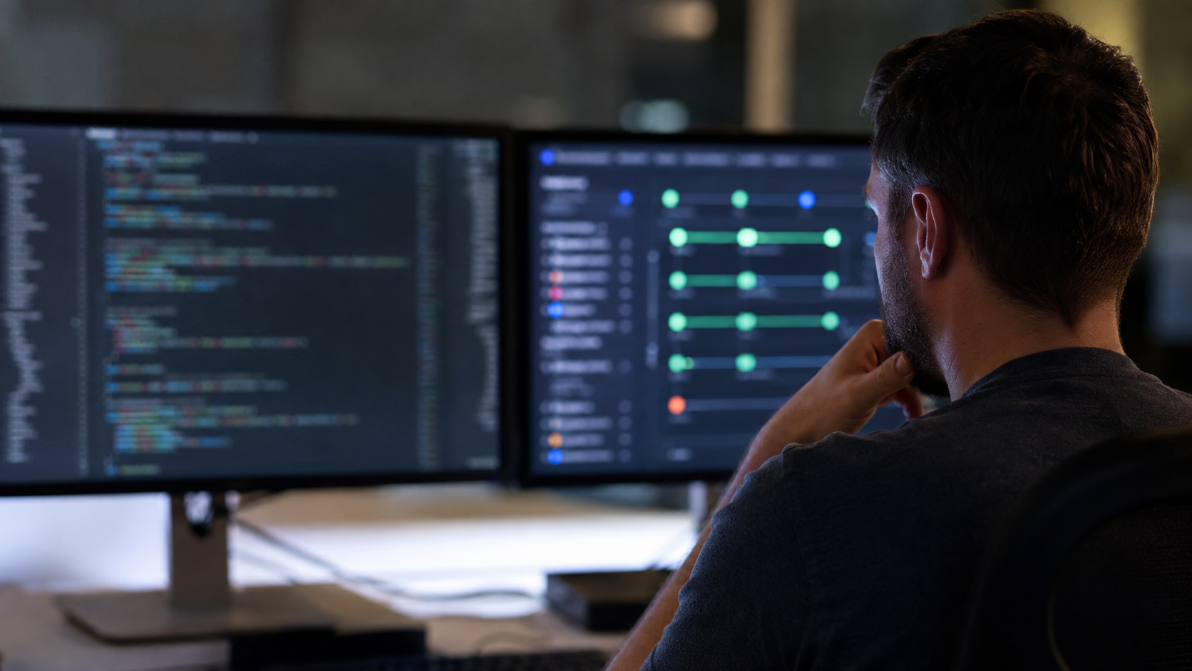 Entwickler prüft Legacy-Code und automatisierte Testpipeline an einem Doppelmonitor-Arbeitsplatz