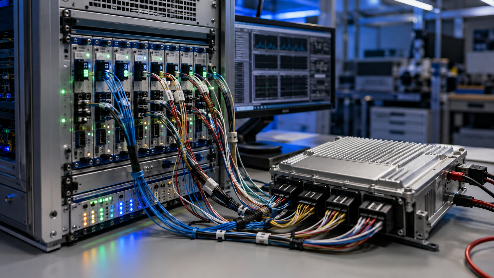 Hardware-in-the-Loop-Prüfstand mit Steuergerät und Signalmodulen für den Systemtest