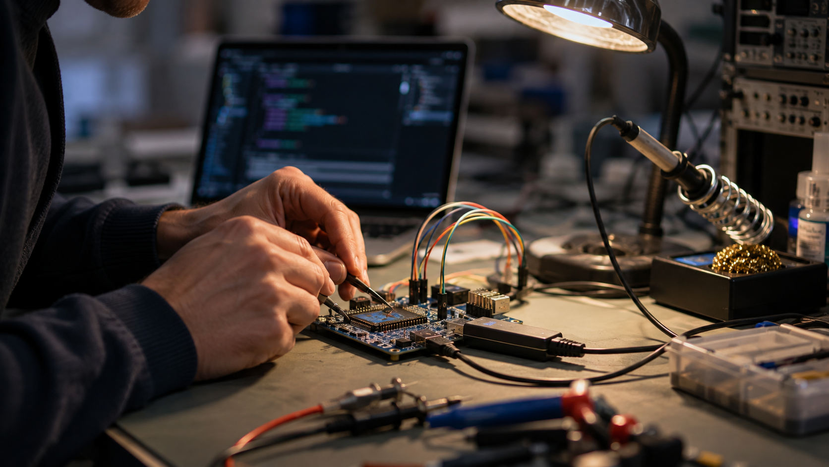 Embedded-Entwickler debuggt eine Controller-Platine für eine Maschinensteuerung am Laborarbeitsplatz