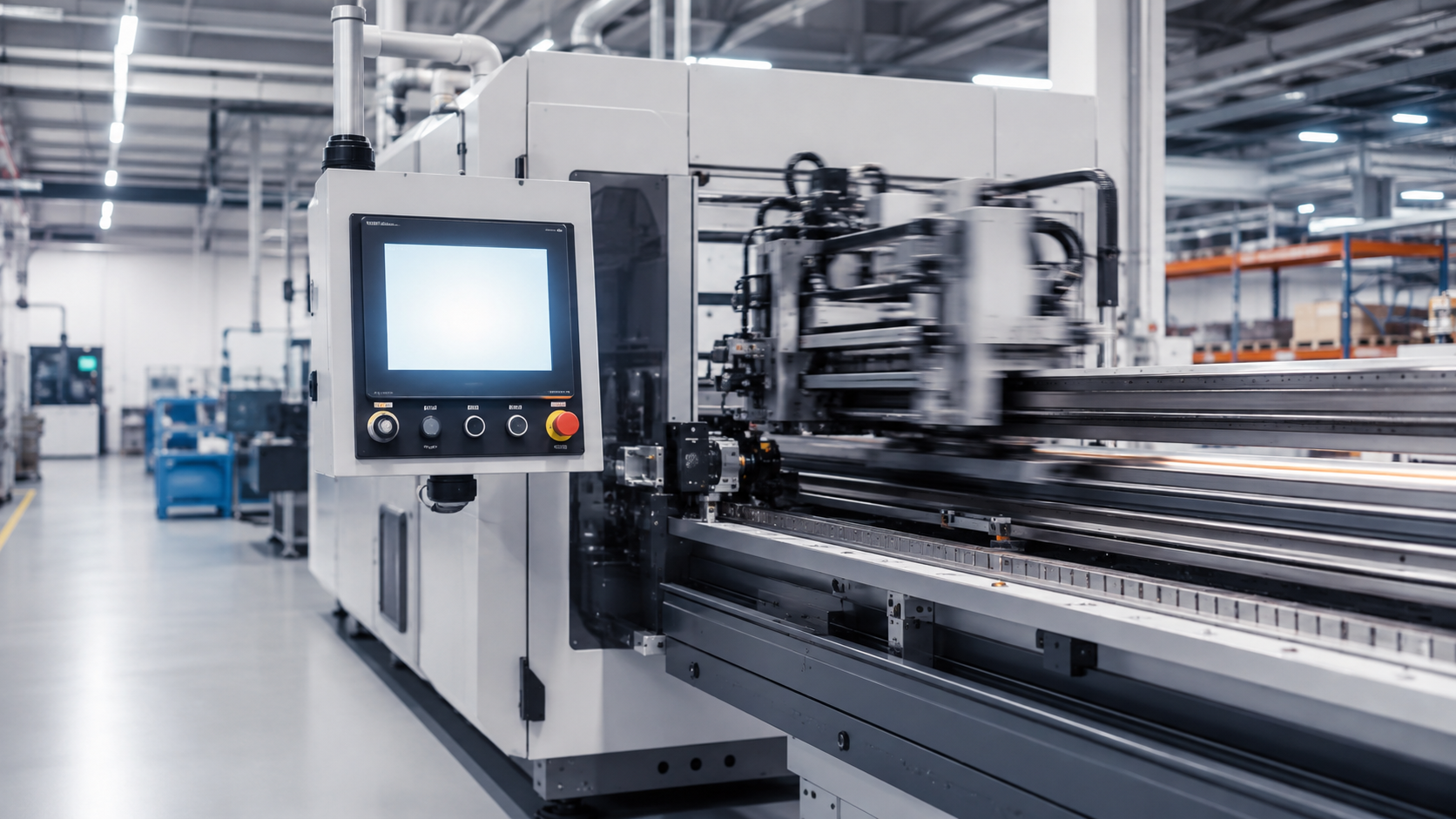 Moderne Produktionsmaschine mit HMI-Panel als Beispiel für Embedded Software im Maschinenbau