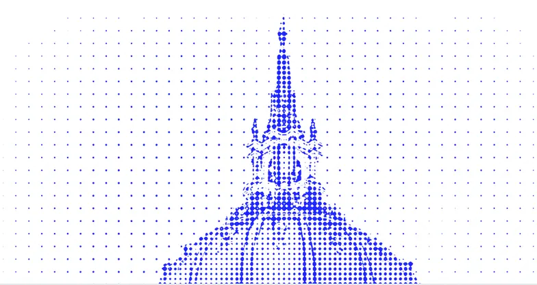 A stylized blue halftone illustration of a building dome with a tall spire, set against a white background.