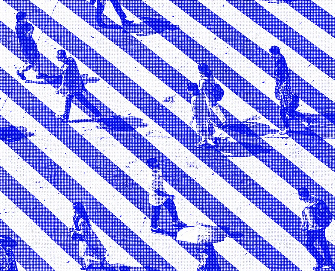 Aerial view of people crossing a zebra-striped crosswalk, rendered in blue dots. The scene conveys bustling urban life and movement.