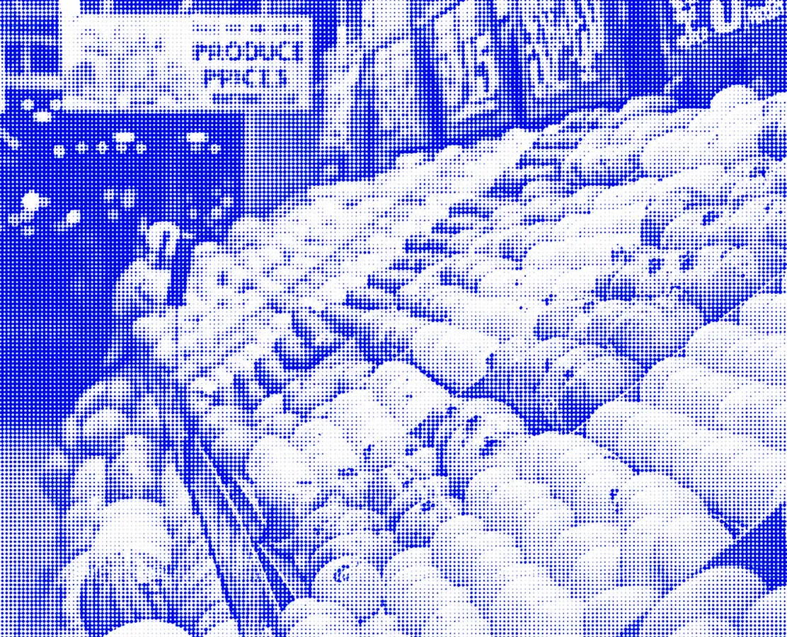 Blue-toned, halftone image of a produce market. Rows of pumpkins fill the foreground, with signs displaying prices in the background, creating a vintage feel.