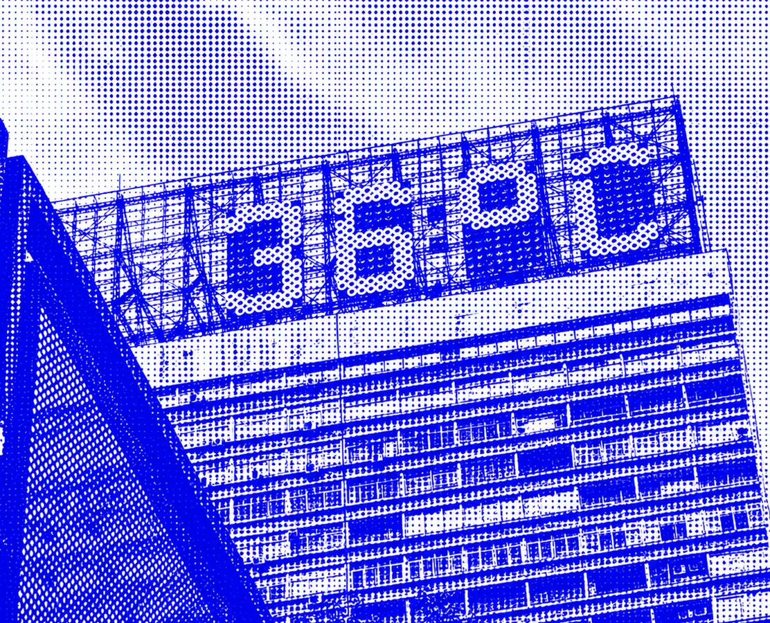 Halftone image of a building facade with a large, retro-styled sign displaying "36 6°C" on top. The tone is graphic and stylized in blue.