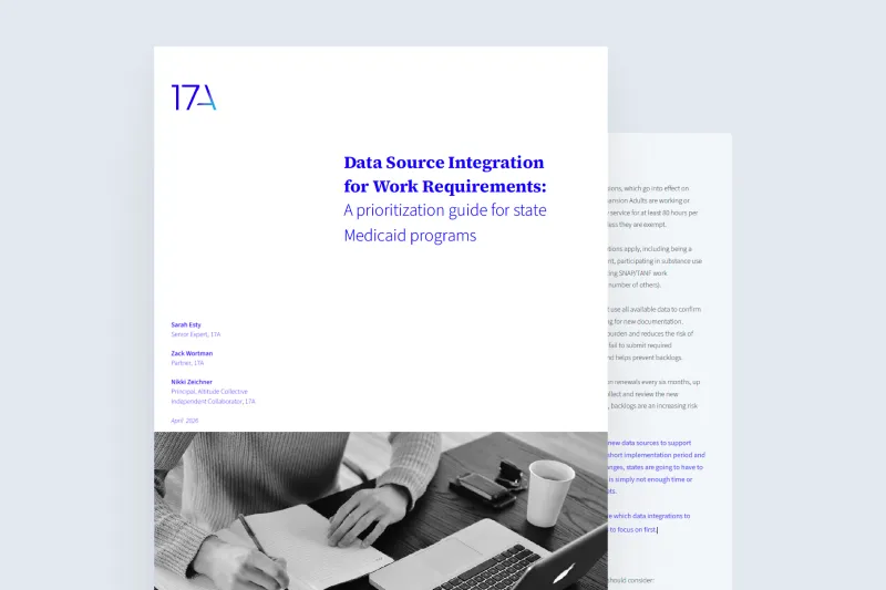 Cover of a report titled "Data Source Integration for Work Requirements" with a focus on Medicaid programs. A monochrome image shows a person writing in a notebook near a laptop and coffee cup, conveying a professional and analytical tone.