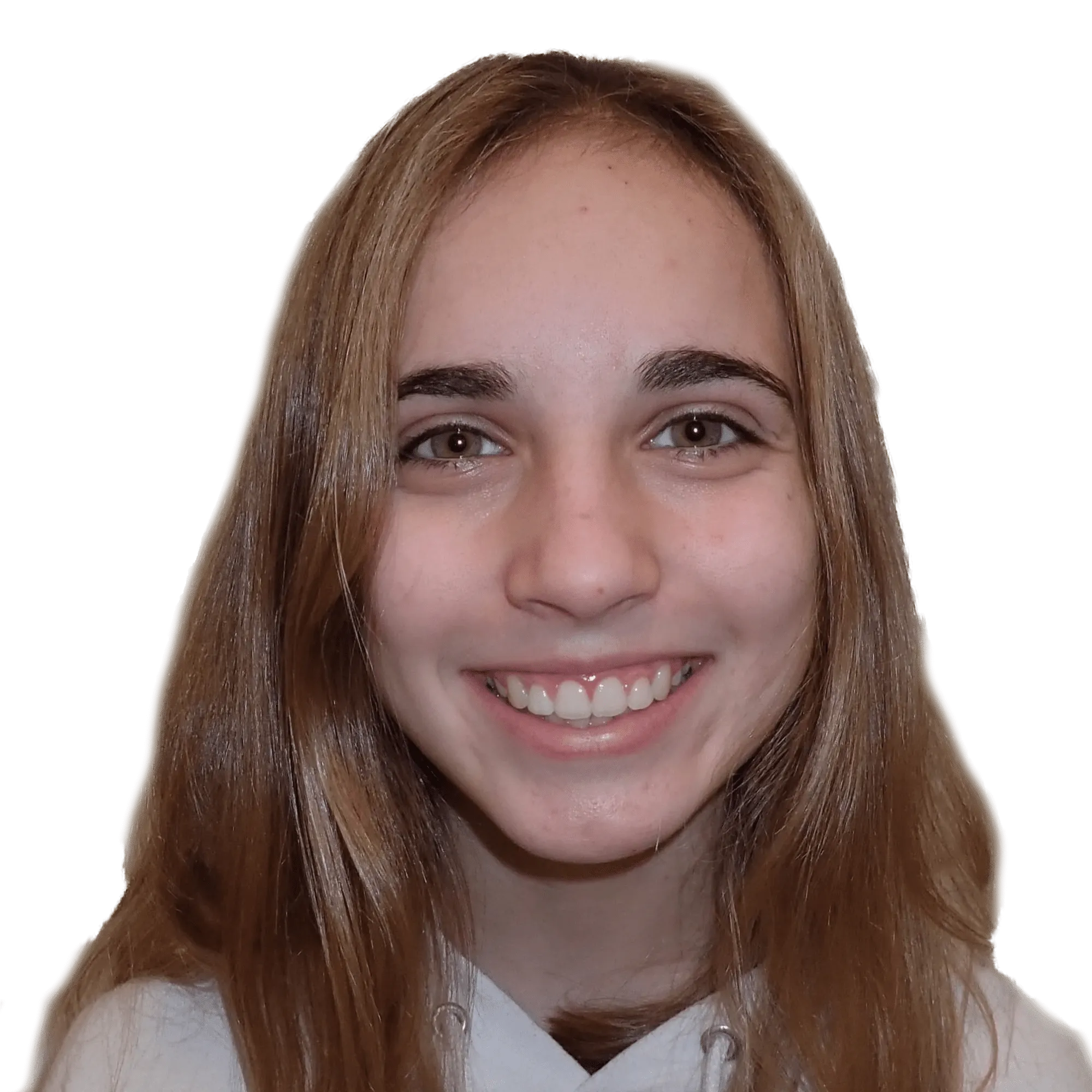 Smiling young woman with long light brown hair and brown eyes wearing a white top.