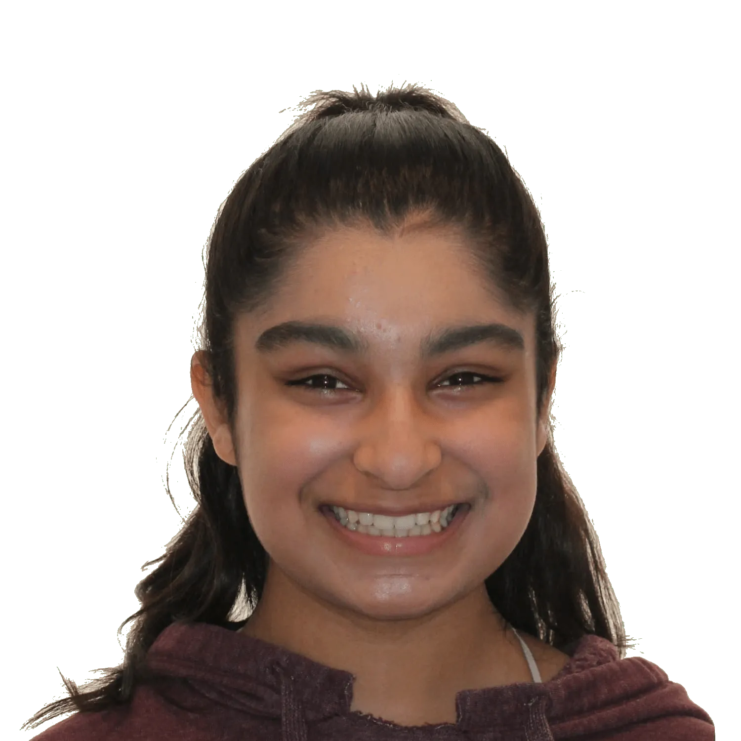Smiling young woman with dark hair tied back wearing a maroon hoodie.
