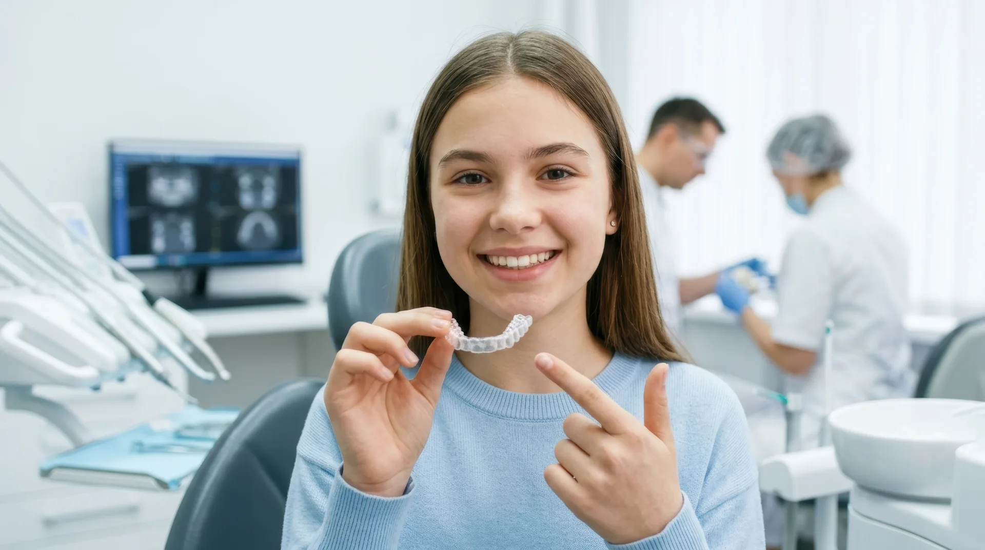 Smiling girl in dental office holding and pointing to a clear orthodontic aligner.