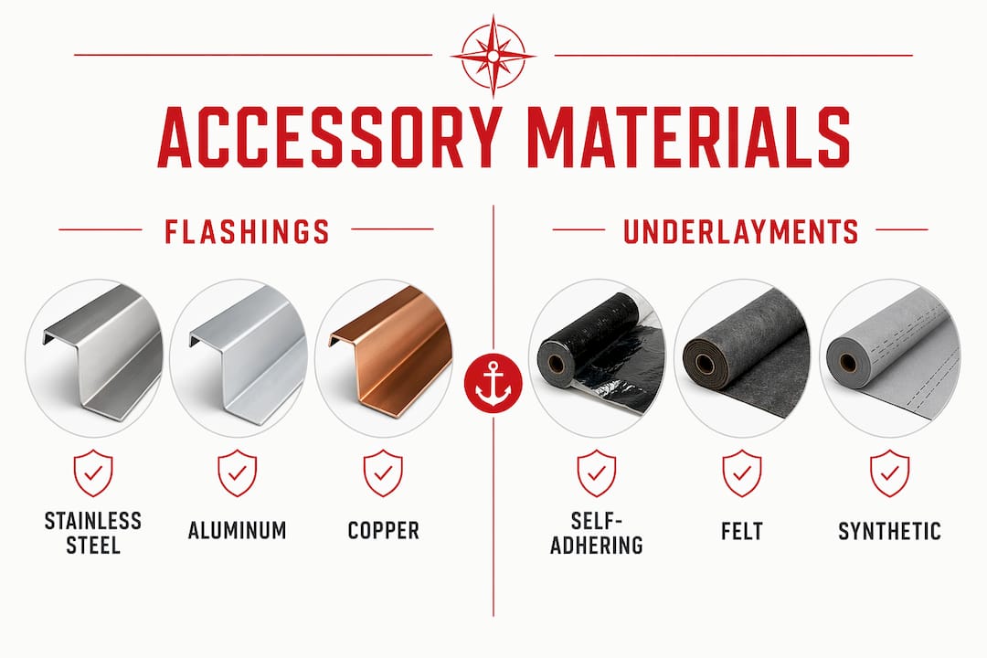 Infographic comparing material options for roofing accessories