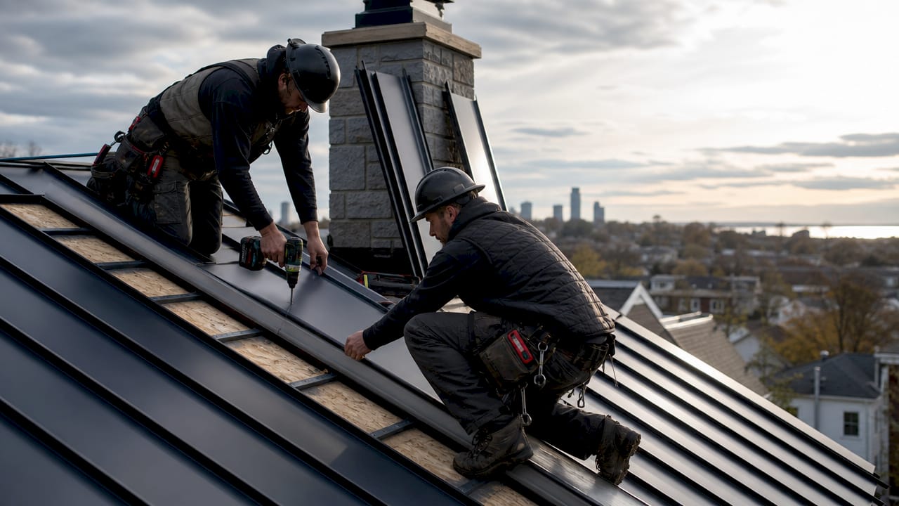 Roofers installing standing seam metal panels on roof