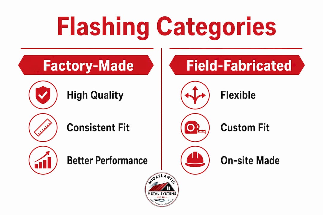 Infographic comparing flashing categories for standing seam roofs