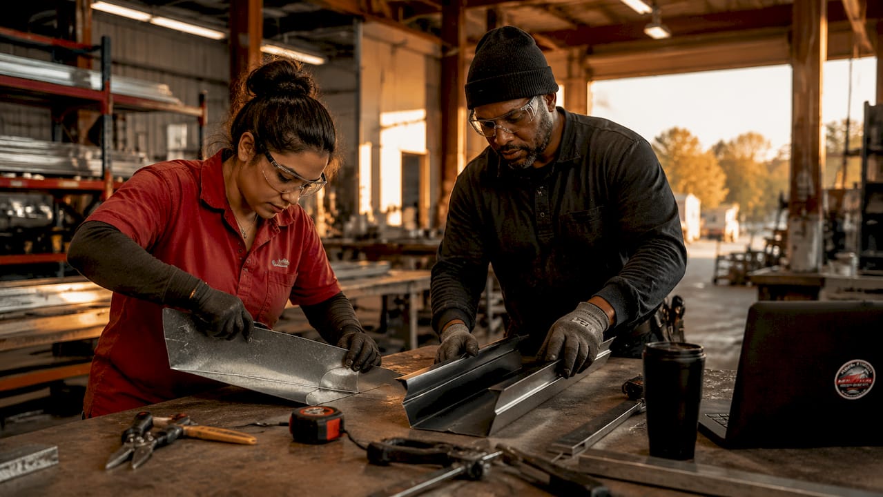 Workers comparing factory made and field fabricated flashings